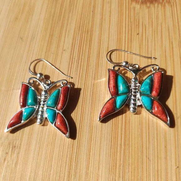 Jay King DTR Butterfly Turquoise coral earrings 925 Sterling Silver  Very cute - Picture 7 of 10